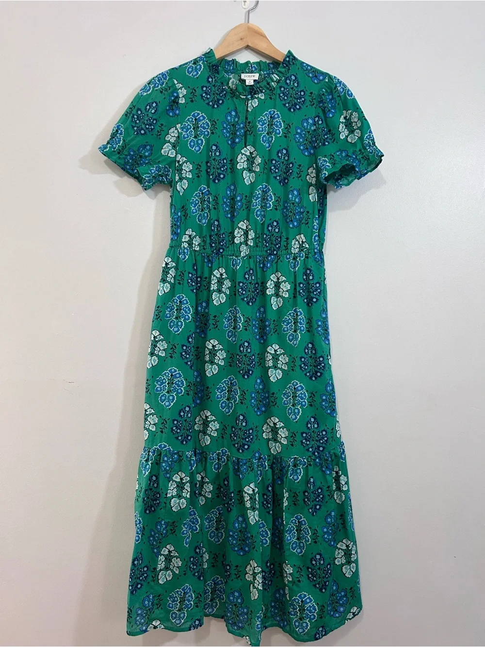 J. Crew Green Floral Short-Sleeve Midi Dress 4 - Picture 2 of 16